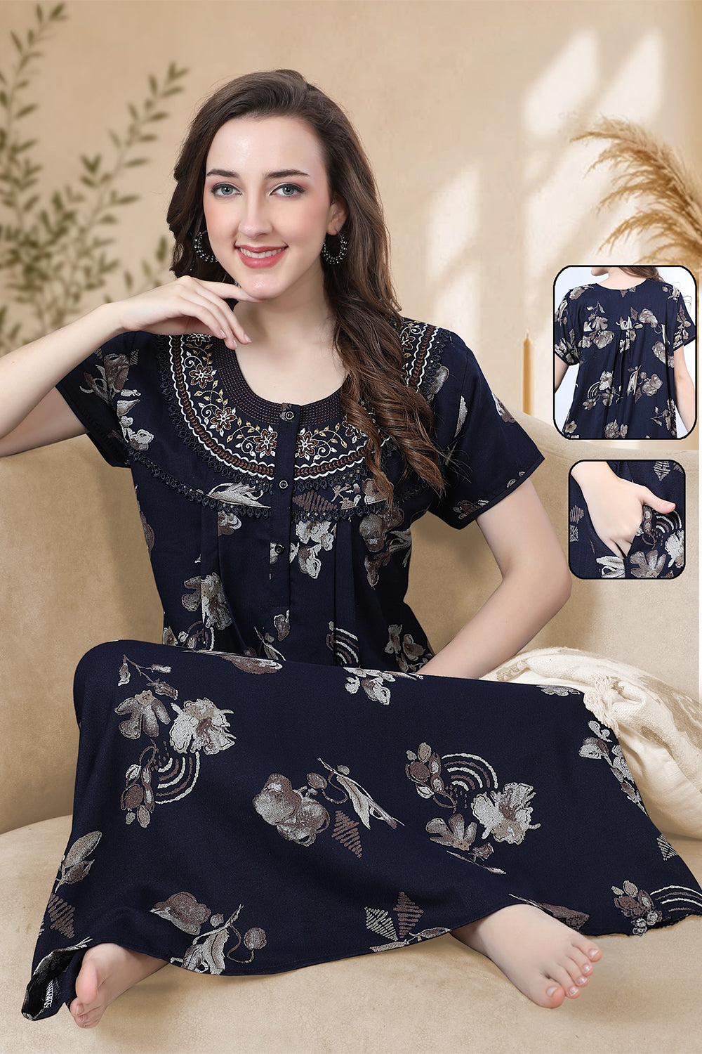 Women’s Pure Cotton Prints Pleated Nighty | Full Length Round Neck Night Dress with Short Sleeve | Relax Fit Sleepwear, Home Wear & Loungewear