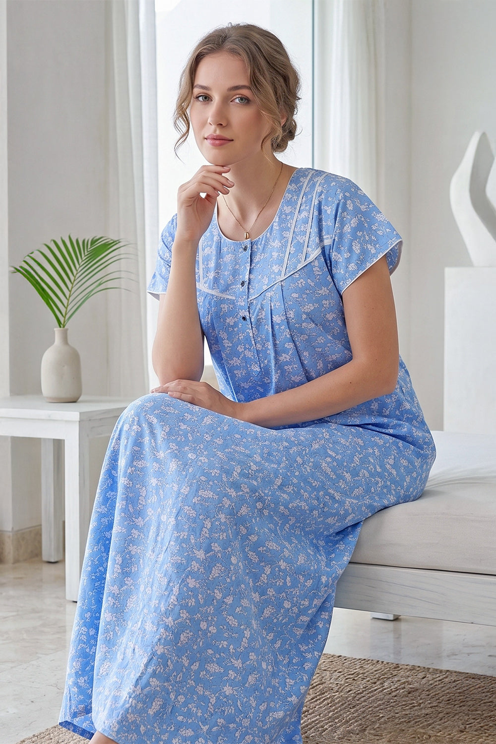 Women’s Pure Cotton Printed Pleated Nighty | Full Length Round Neck Cotton Night Dress with Short Sleeves | Regular Fit Daily Wear Sleepwear & Loungewear - 1050
