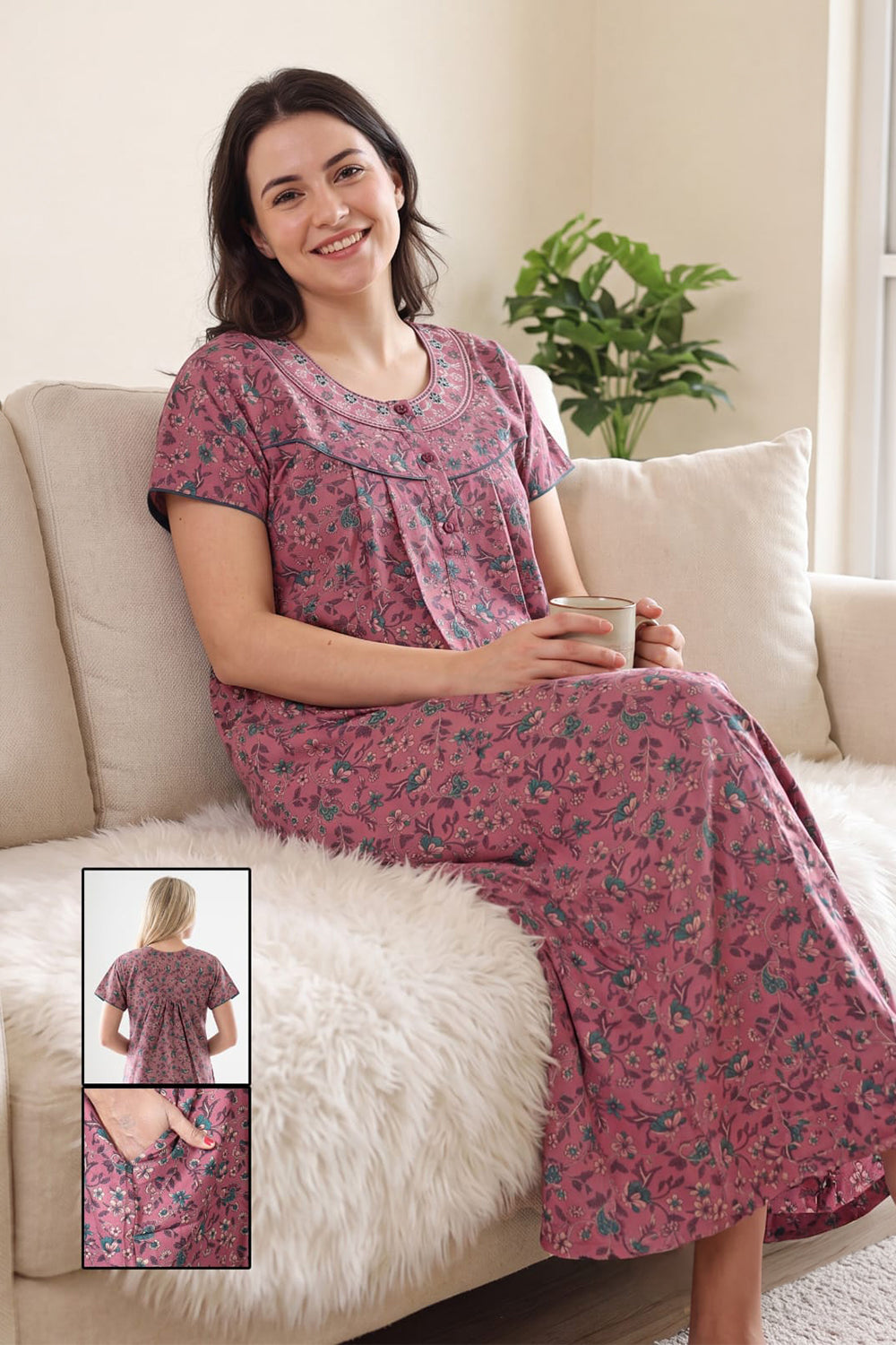 Women’s Cotton Nighty | Relaxed Fit Short Sleeve Night Dress for Women | Comfortable Everyday Nightwear | 1079-1057