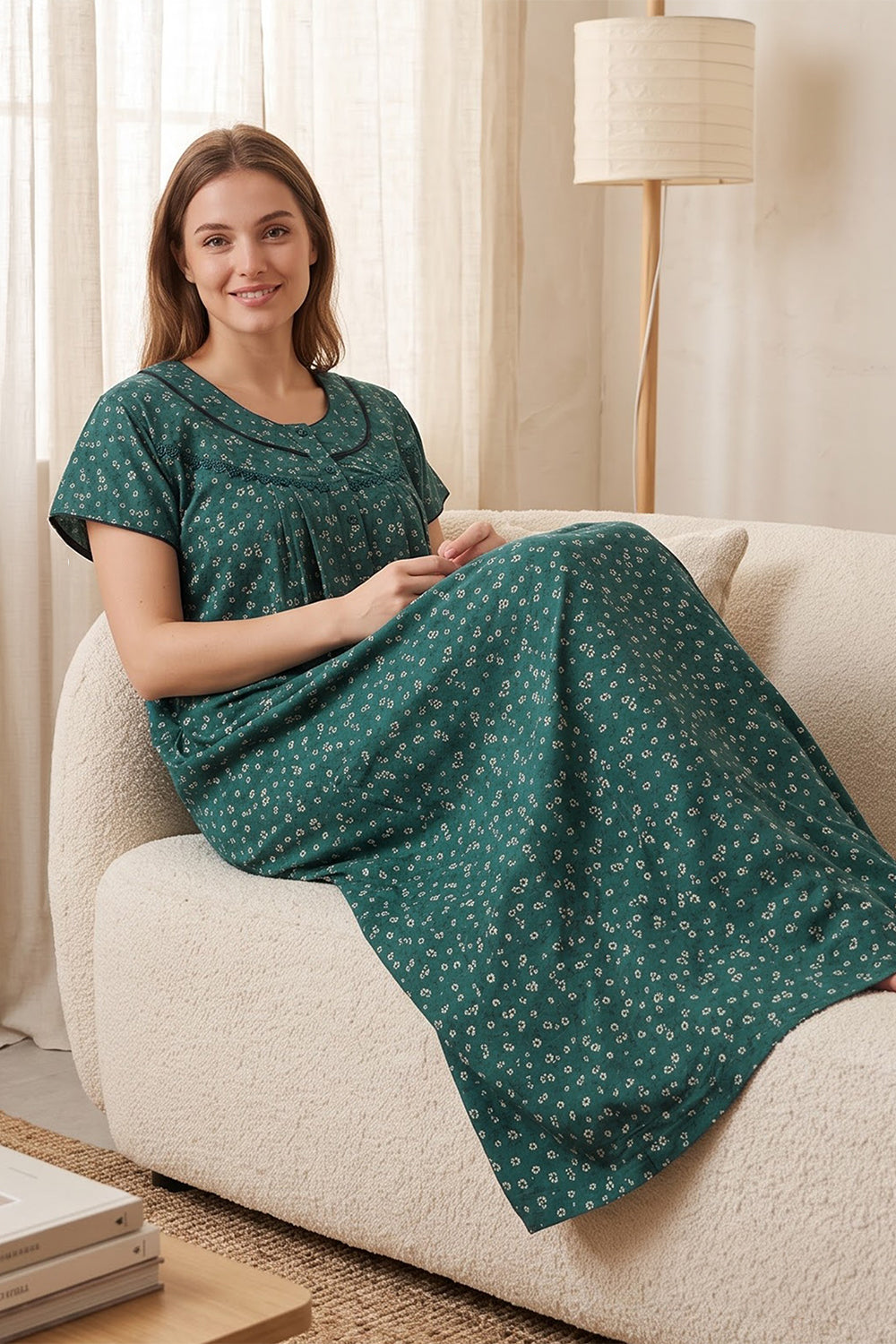 Women’s Poly Viscose Prints Pleated Nighty | Full Length Round Neck Night Dress with Short Sleeve | Relax Fit Sleepwear, Home Wear & Loungewear