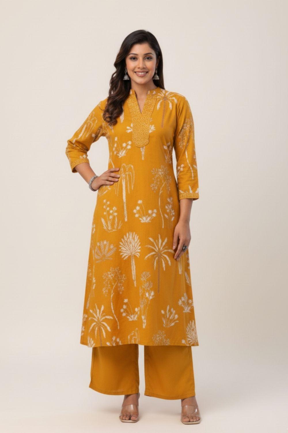 Printed Cotton Blend Kurthi Set with Mandarin Collar and 3/4 Sleeves Below Knee Length - Mustard - S108