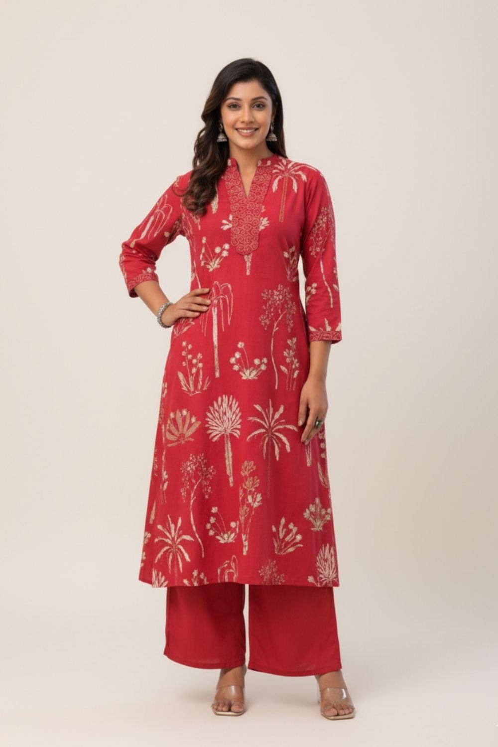 Printed Cotton Blend Kurthi Set with Mandarin Collar and 3/4 Sleeves Below Knee Length - Red - S108