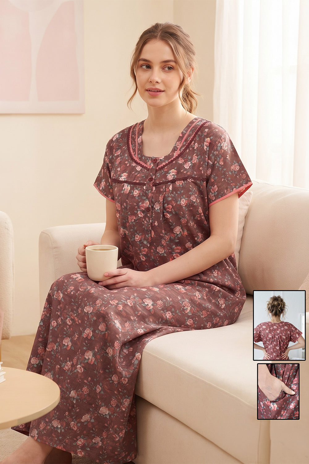 Women’s Poly Viscose Prints Pleated Nighty | Full Length Round Neck Night Dress with Short Sleeve | Relax Fit Sleepwear, Home Wear & Loungewear