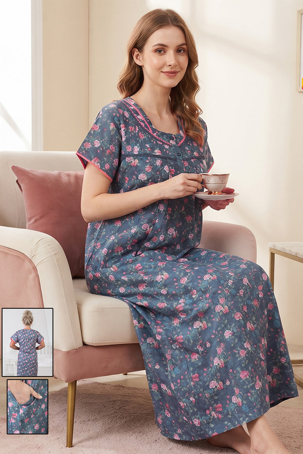 Women’s Poly Viscose Prints Pleated Nighty | Full Length Round Neck Night Dress with Short Sleeve | Relax Fit Sleepwear, Home Wear & Loungewear