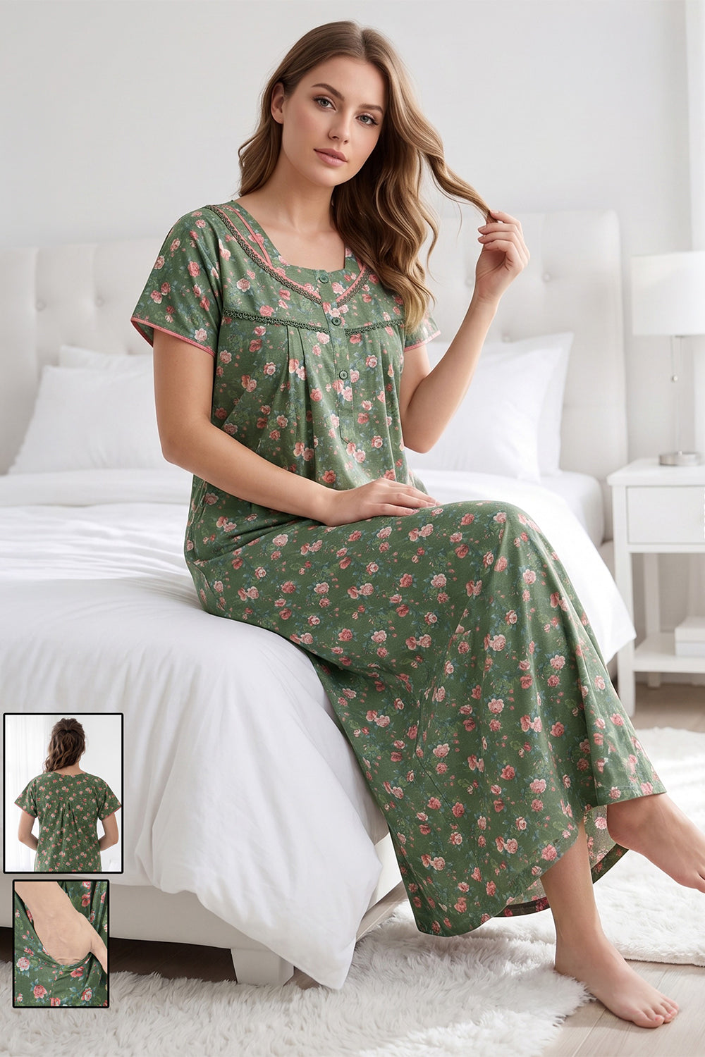 Women’s Poly Viscose Prints Pleated Nighty | Full Length Round Neck Night Dress with Short Sleeve | Relax Fit Sleepwear, Home Wear & Loungewear