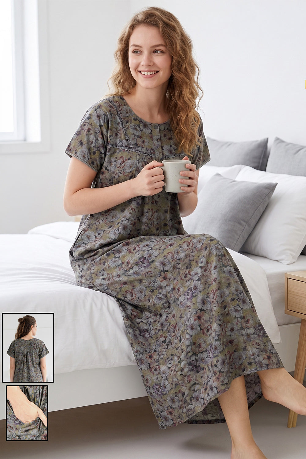 Women’s Poly Viscose Prints Pleated Nighty | Full Length Round Neck Night Dress with Short Sleeve | Relax Fit Sleepwear, Home Wear & Loungewear
