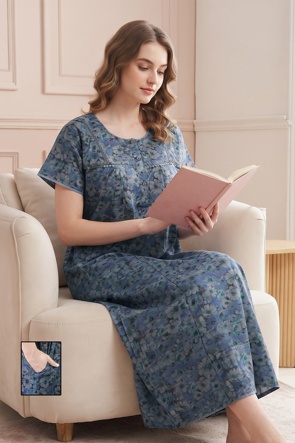 Women’s Poly Viscose Prints Pleated Nighty | Full Length Round Neck Night Dress with Short Sleeve | Relax Fit Sleepwear, Home Wear & Loungewear