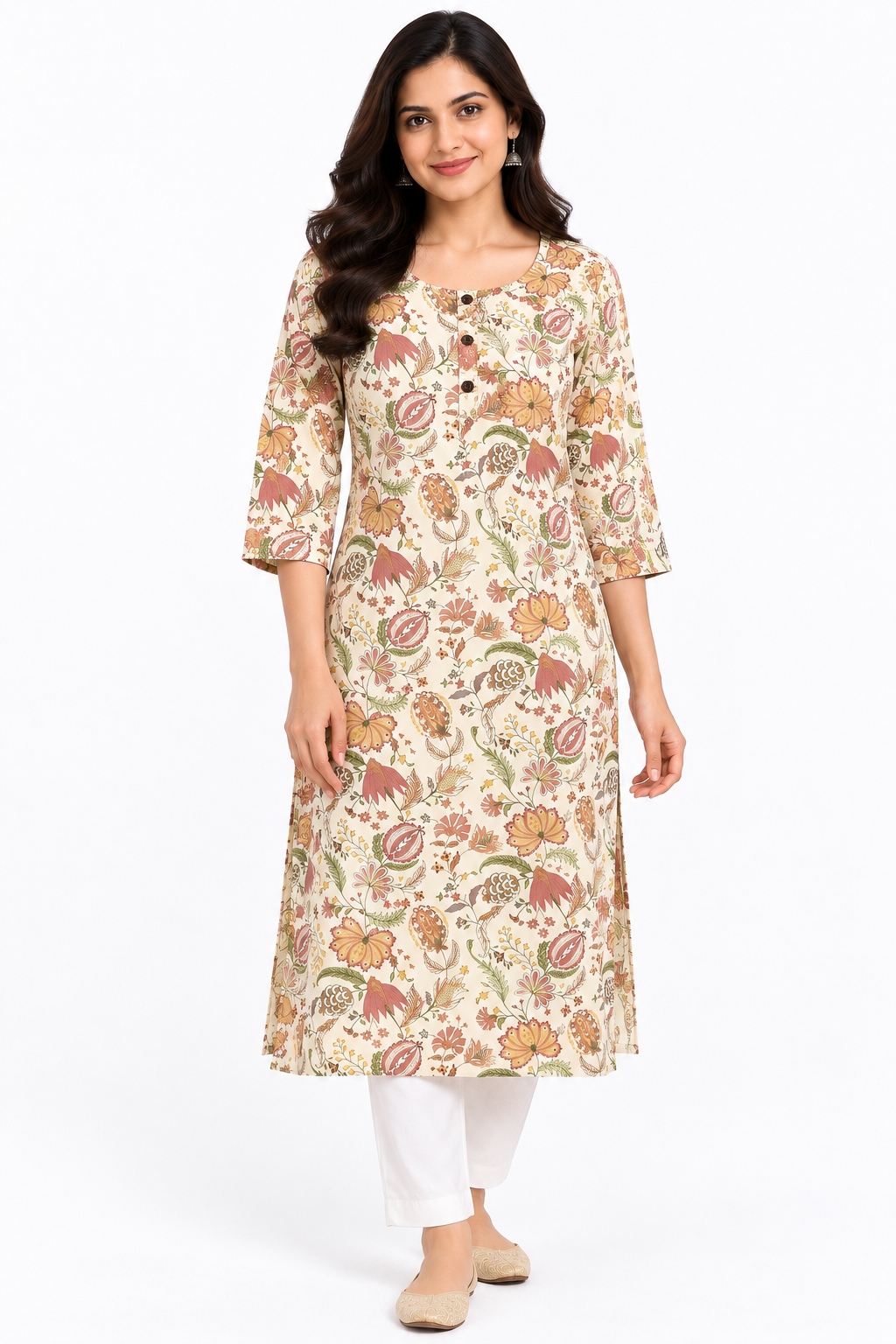 Women's Prints Cotton Blend Kurti with Round Neck, 3/4 Sleeve and Regular Fit - Below Knee | Casual Ethnic Wear Kurti for Daily Wear & Casual Outings - 3471