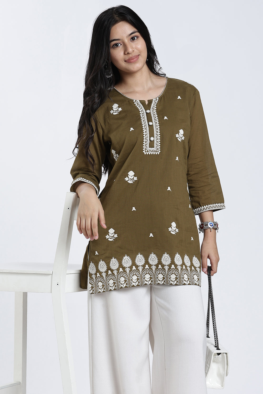 Mythri Women’s Cotton Embroidered Short Top – Floral Butta Casual Top with V Notch Neck & 3/4 Sleeves - 1283
