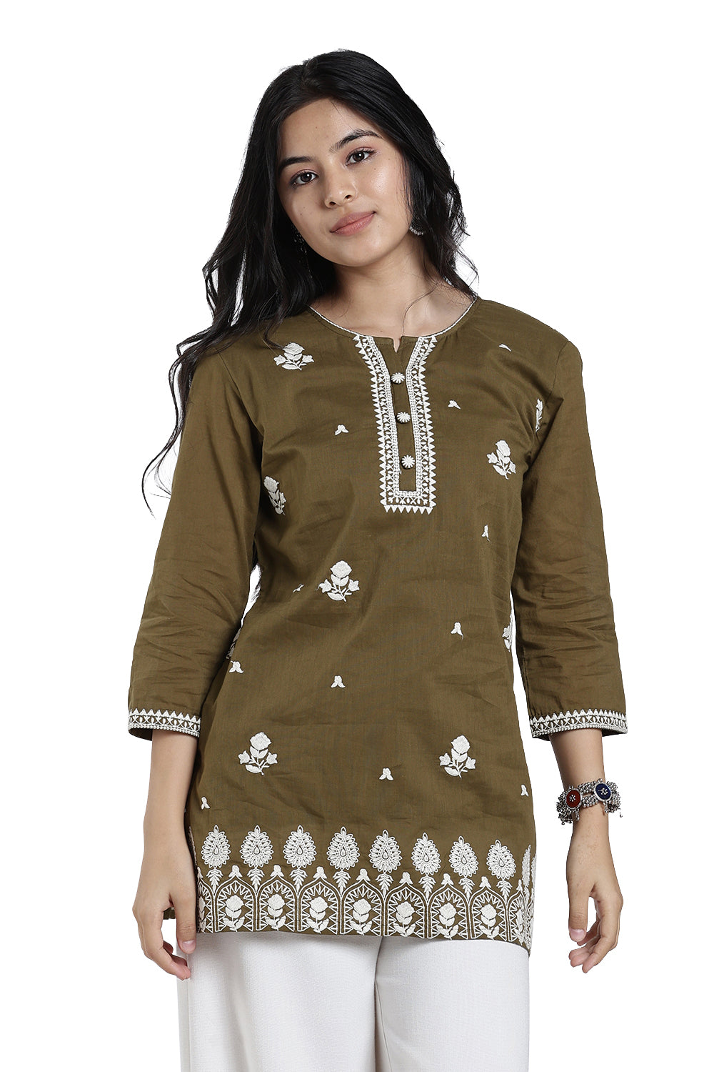 Mythri Women’s Cotton Embroidered Short Top – Floral Butta Casual Top with V Notch Neck & 3/4 Sleeves - 1283