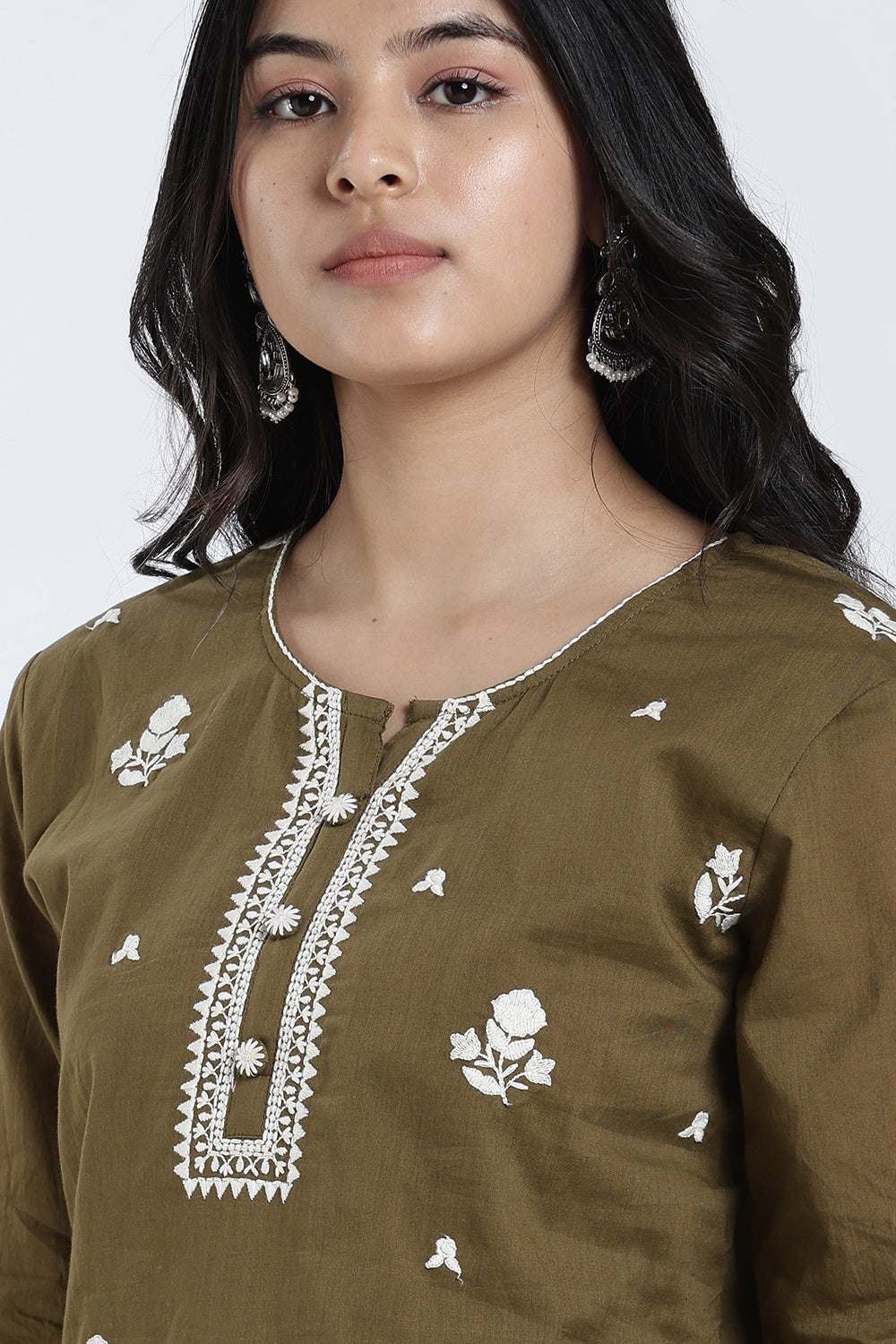 Mythri Women’s Cotton Embroidered Short Top – Floral Butta Casual Top with V Notch Neck & 3/4 Sleeves - 1283
