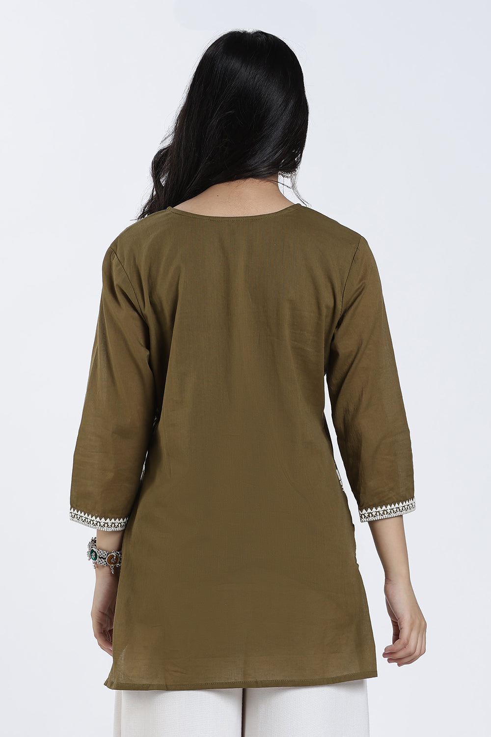 Mythri Women’s Cotton Embroidered Short Top – Floral Butta Casual Top with V Notch Neck & 3/4 Sleeves - 1283