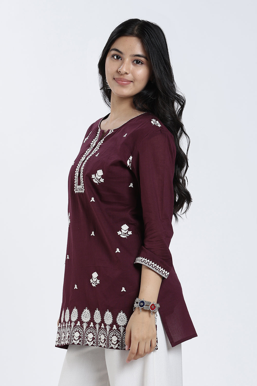 Mythri Women’s Cotton Embroidered Short Top – Floral Butta Casual Top with V Notch Neck & 3/4 Sleeves - 1283