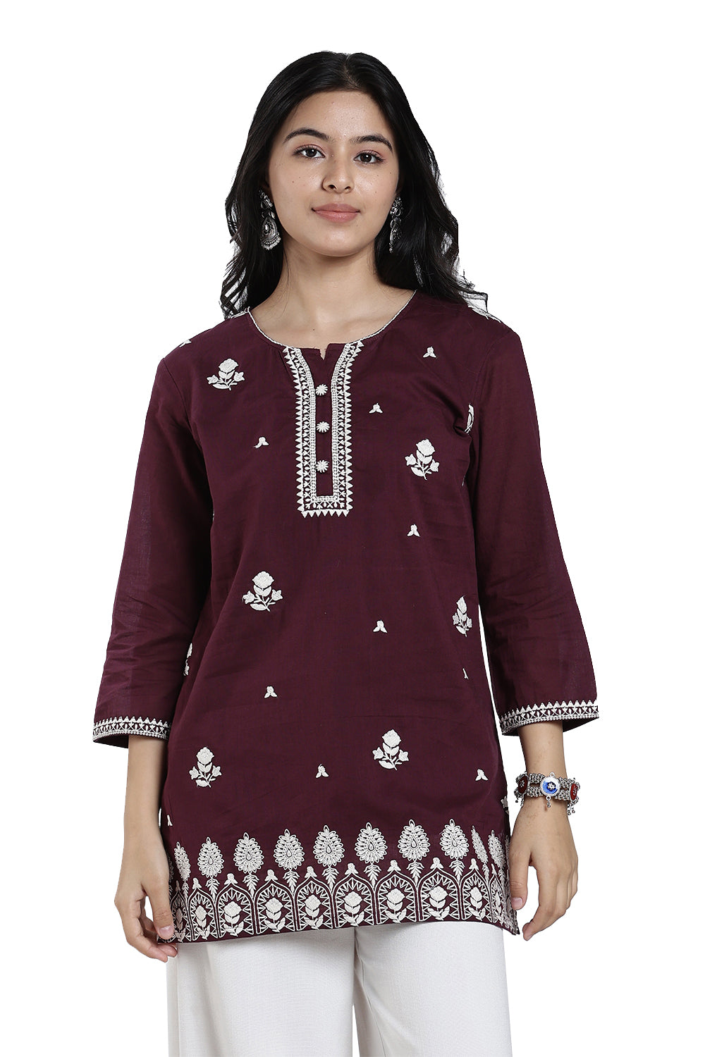 Mythri Women’s Cotton Embroidered Short Top – Floral Butta Casual Top with V Notch Neck & 3/4 Sleeves - 1283
