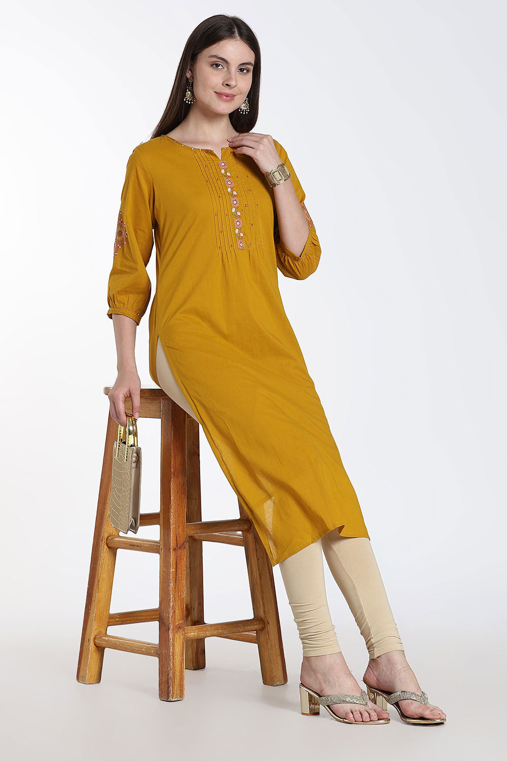 Mythri Cotton Kurti for Women – Straight Fit Kurthi with Embroidery & Puff Sleeves | Everyday Wear Kurta - 1349