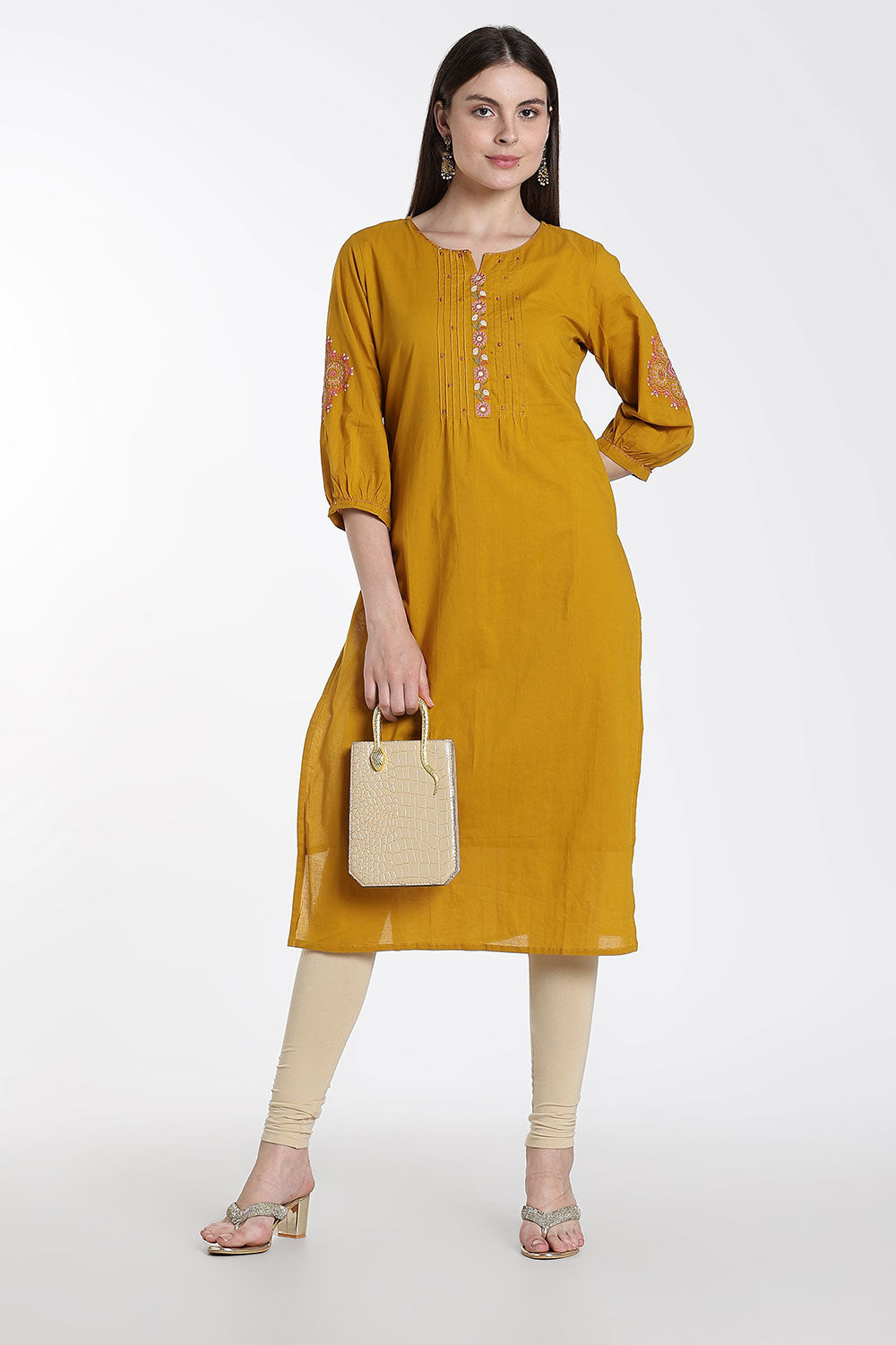 Mythri Cotton Kurti for Women – Straight Fit Kurthi with Embroidery & Puff Sleeves | Everyday Wear Kurta - 1349
