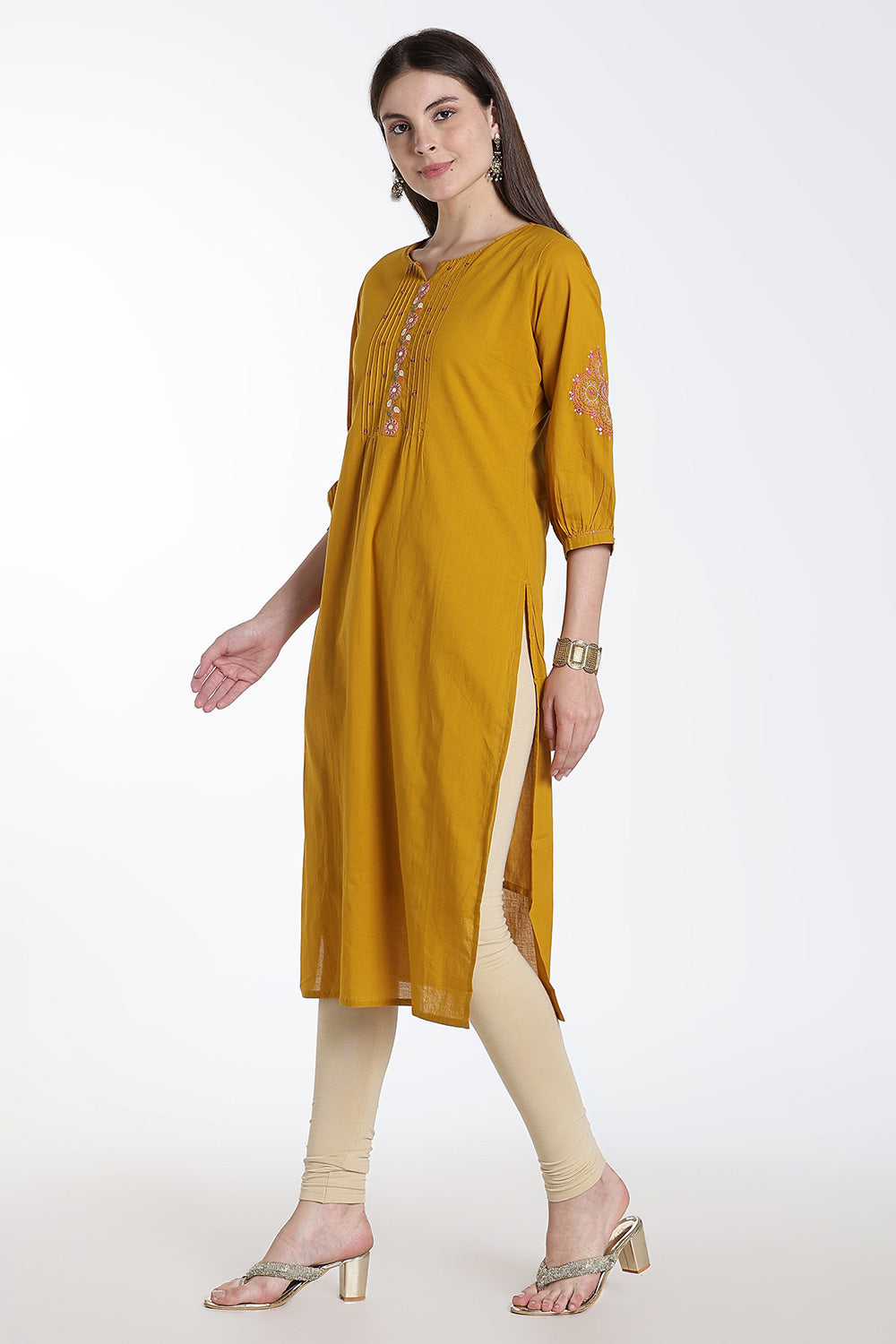 Mythri Cotton Kurti for Women – Straight Fit Kurthi with Embroidery & Puff Sleeves | Everyday Wear Kurta - 1349