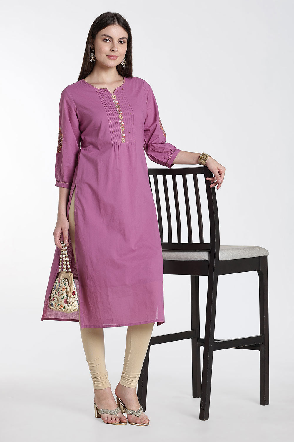 Mythri Cotton Kurti for Women – Straight Fit Kurthi with Embroidery & Puff Sleeves | Everyday Wear Kurta - 1349