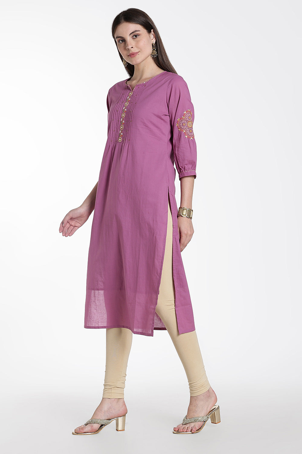 Mythri Cotton Kurti for Women – Straight Fit Kurthi with Embroidery & Puff Sleeves | Everyday Wear Kurta - 1349
