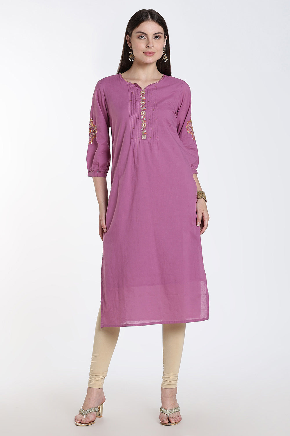 Mythri Cotton Kurti for Women – Straight Fit Kurthi with Embroidery & Puff Sleeves | Everyday Wear Kurta - 1349