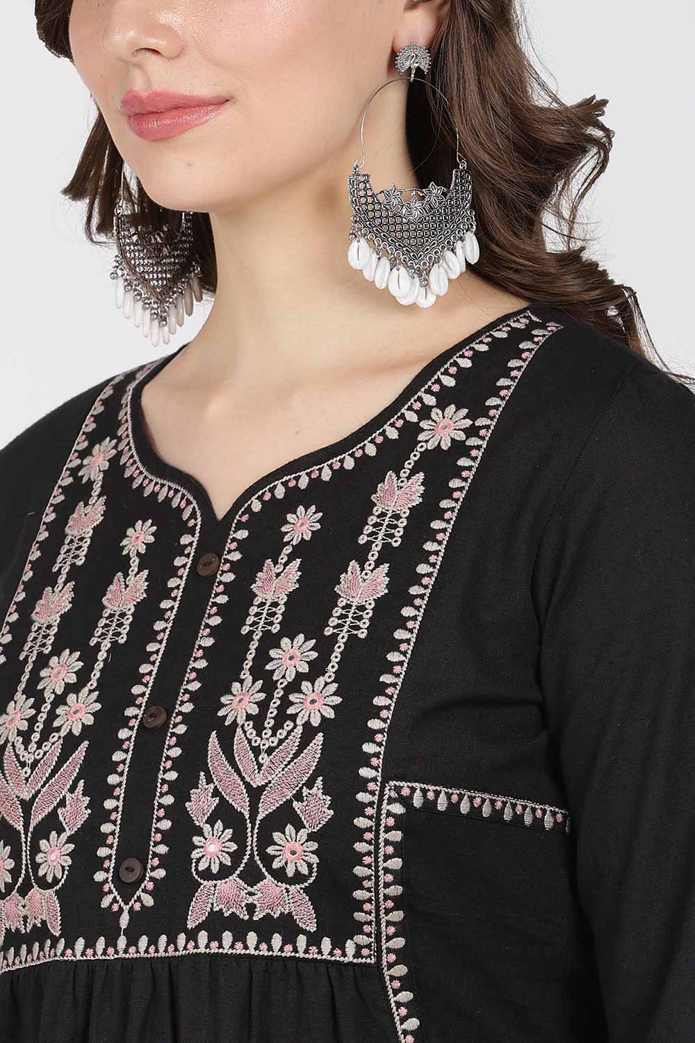 Mythri Cotton Top for Women – Fit & Flare Embroidered Top with Round Neck V-Notch | Stylish Everyday Wear Top - 1392