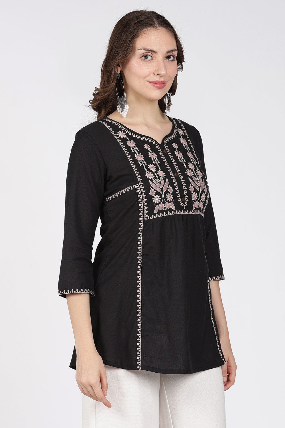 Mythri Cotton Top for Women – Fit & Flare Embroidered Top with Round Neck V-Notch | Stylish Everyday Wear Top - 1392