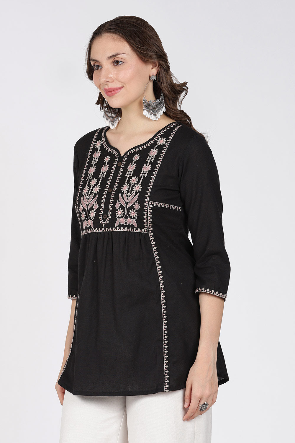 Mythri Cotton Top for Women – Fit & Flare Embroidered Top with Round Neck V-Notch | Stylish Everyday Wear Top - 1392