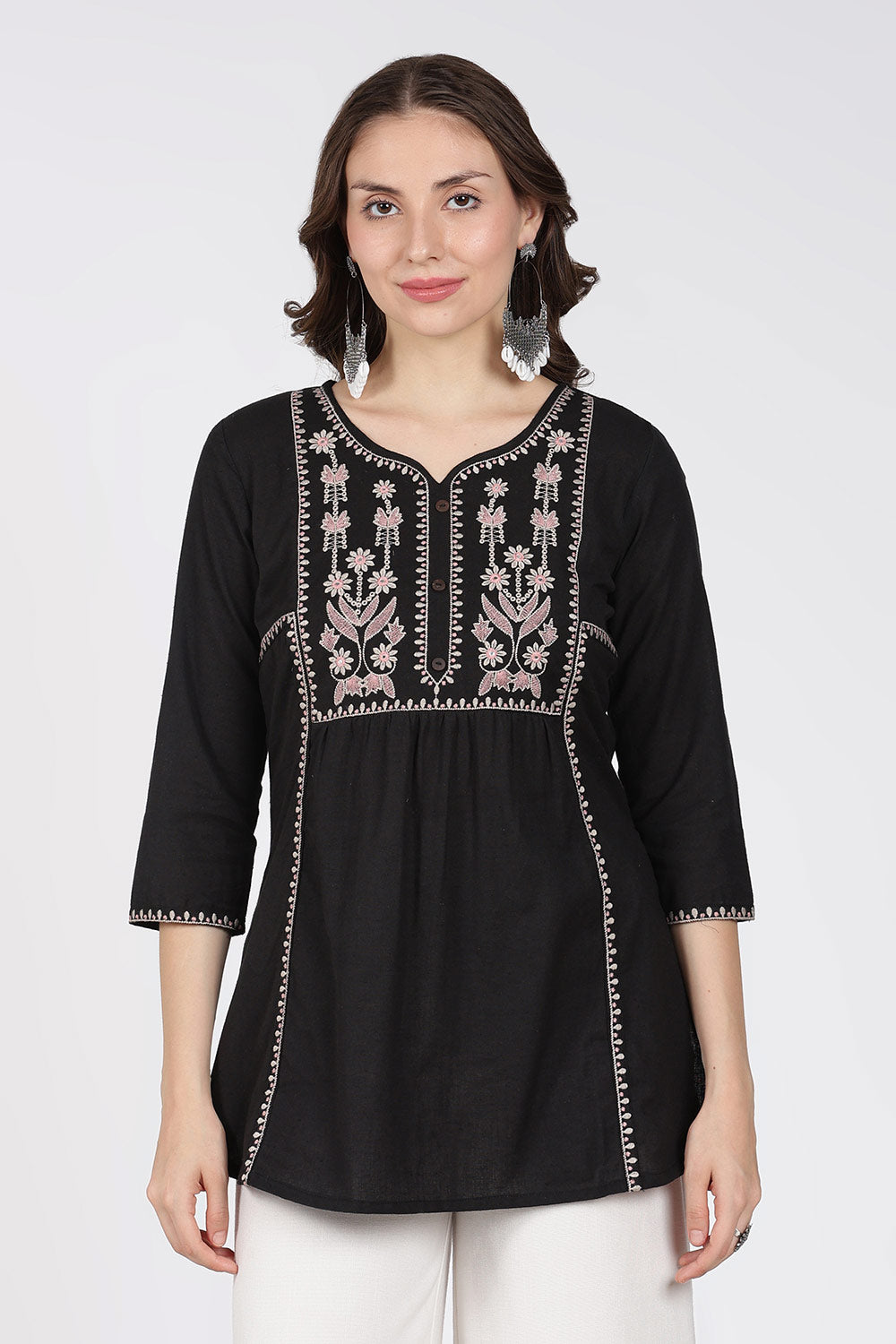 Mythri Cotton Top for Women – Fit & Flare Embroidered Top with Round Neck V-Notch | Stylish Everyday Wear Top - 1392