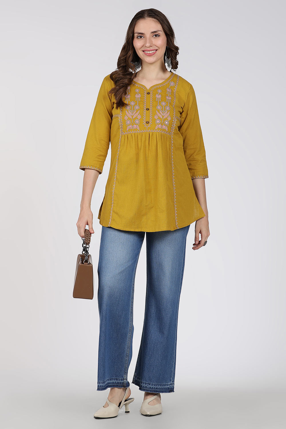 Mythri Cotton Top for Women – Fit & Flare Embroidered Top with Round Neck V-Notch | Stylish Everyday Wear Top - 1392