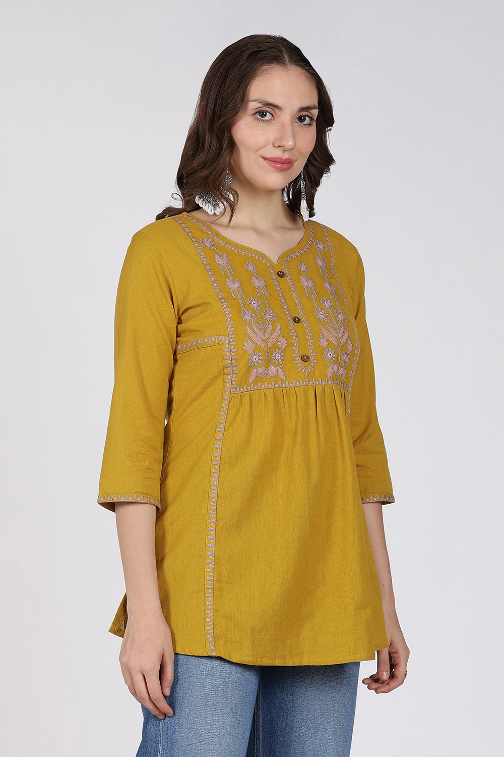 Mythri Cotton Top for Women – Fit & Flare Embroidered Top with Round Neck V-Notch | Stylish Everyday Wear Top - 1392