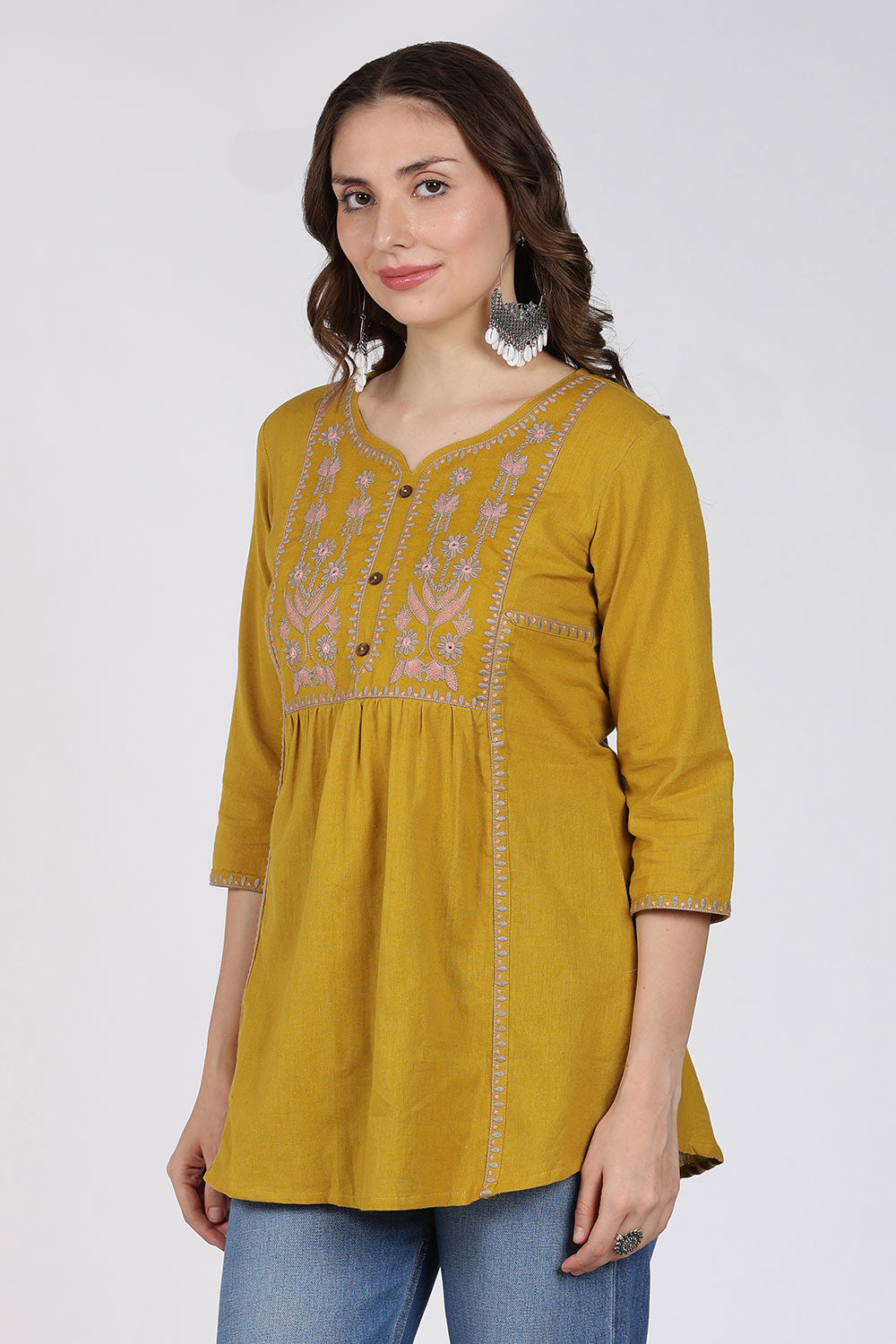 Mythri Cotton Top for Women – Fit & Flare Embroidered Top with Round Neck V-Notch | Stylish Everyday Wear Top - 1392