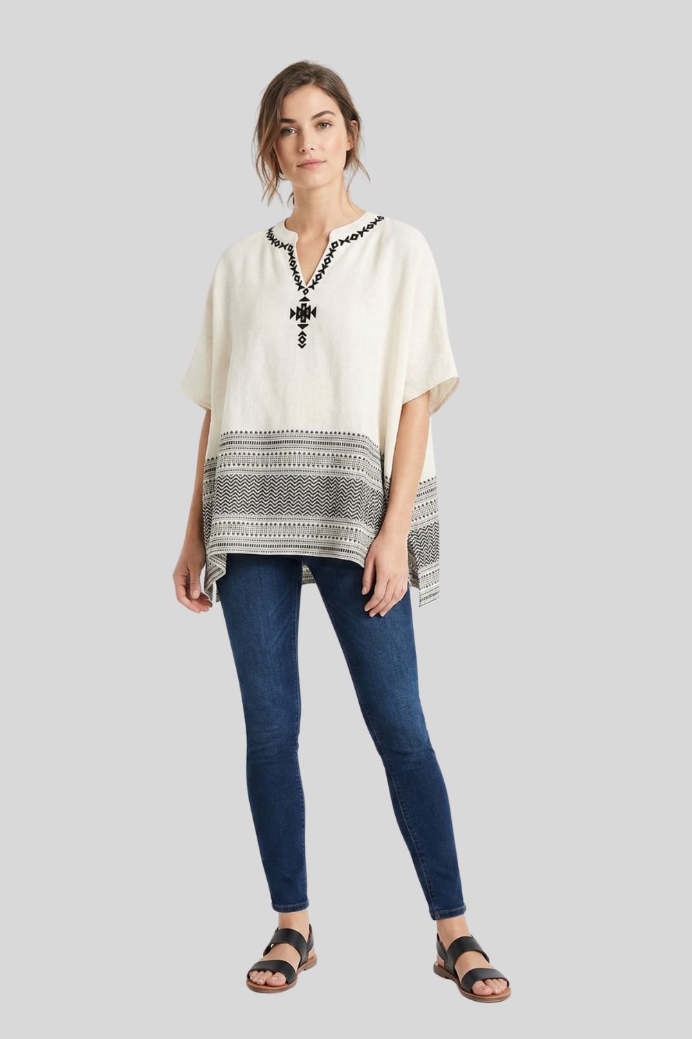 Mythri Women’s Dobby Cotton Kaftan Top | Mandarin Collar, V-Slit Neck, Elbow Sleeves - TO43