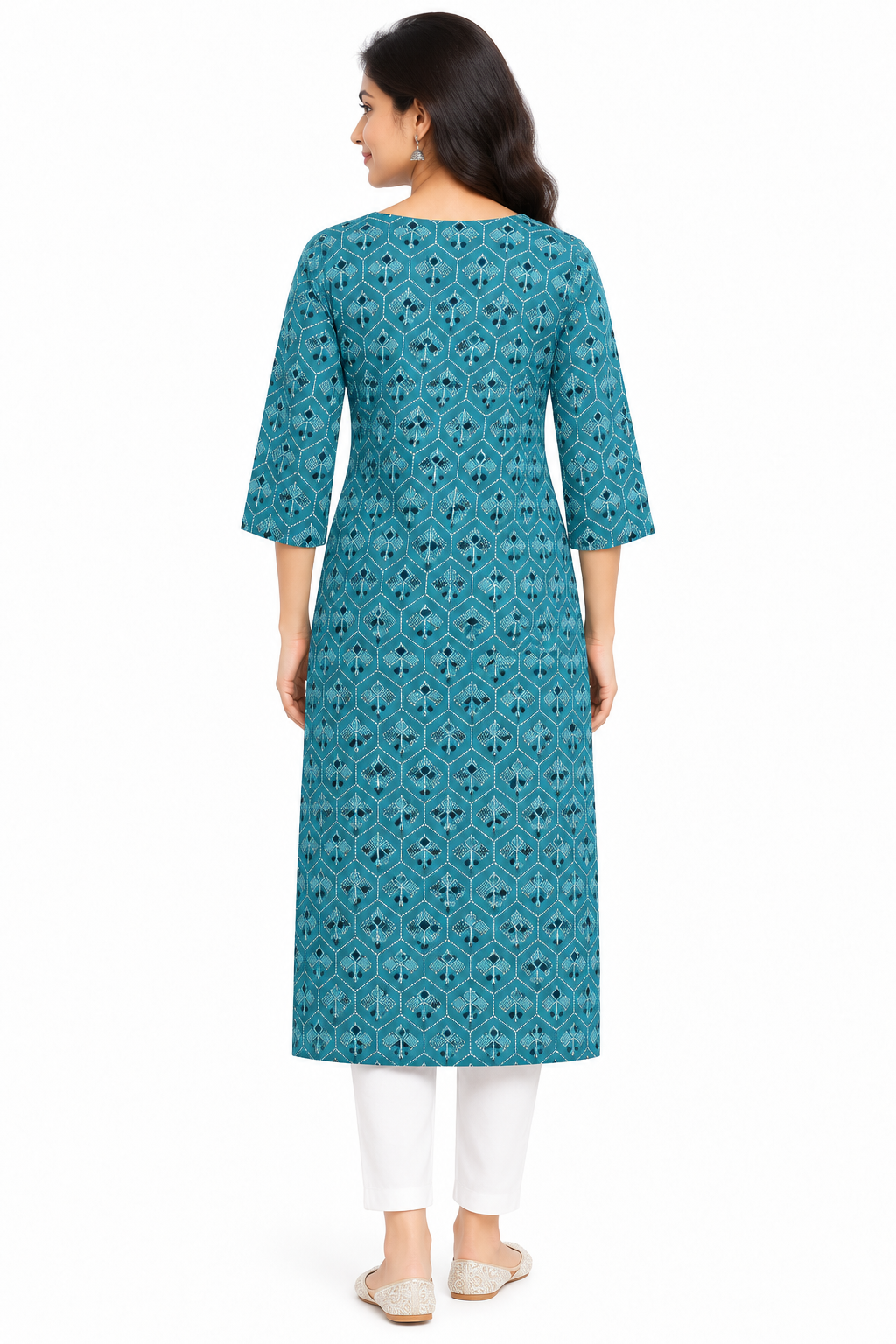 Women's Prints Cotton Blend Kurti with Round Neck, 3/4 Sleeve and Regular Fit - Below Knee | Casual Ethnic Wear Kurti for Daily Wear & Casual Outings - 3471