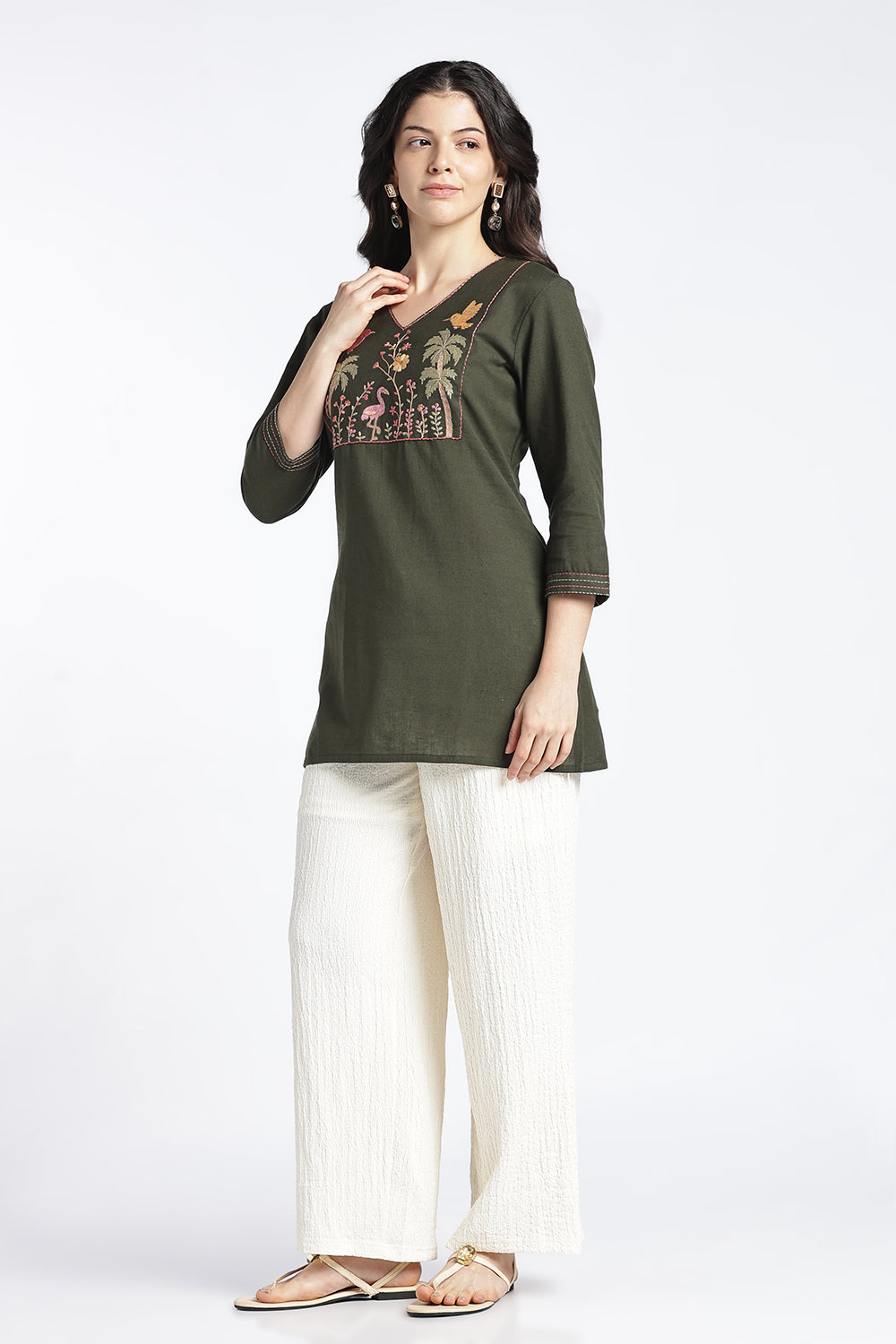 Mythri Women’s Cotton Flax Floral Embroidered Top | V-Neck 3/4 Sleeve Regular Fit Casual Top for Women | Everyday Office & Smart Casual Wear - 1445