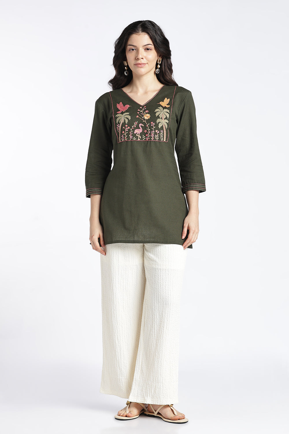 Mythri Women’s Cotton Flax Floral Embroidered Top | V-Neck 3/4 Sleeve Regular Fit Casual Top for Women | Everyday Office & Smart Casual Wear - 1445
