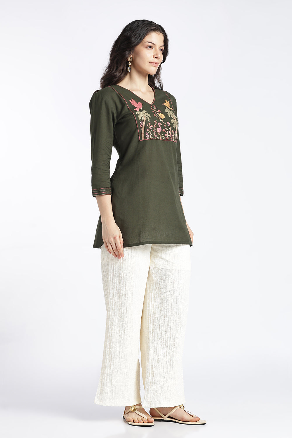 Mythri Women’s Cotton Flax Floral Embroidered Top | V-Neck 3/4 Sleeve Regular Fit Casual Top for Women | Everyday Office & Smart Casual Wear - 1445