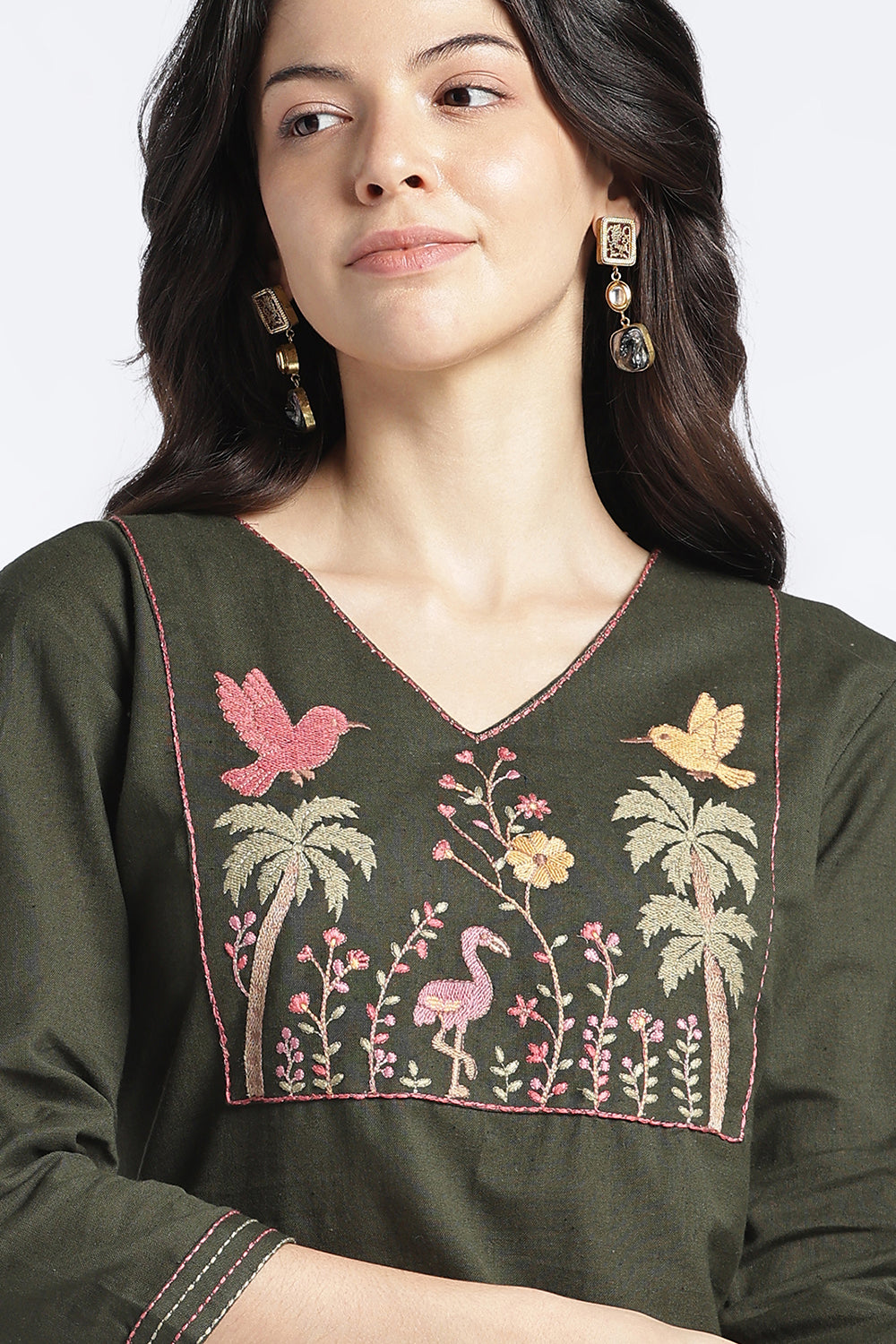 Mythri Women’s Cotton Flax Floral Embroidered Top | V-Neck 3/4 Sleeve Regular Fit Casual Top for Women | Everyday Office & Smart Casual Wear - 1445