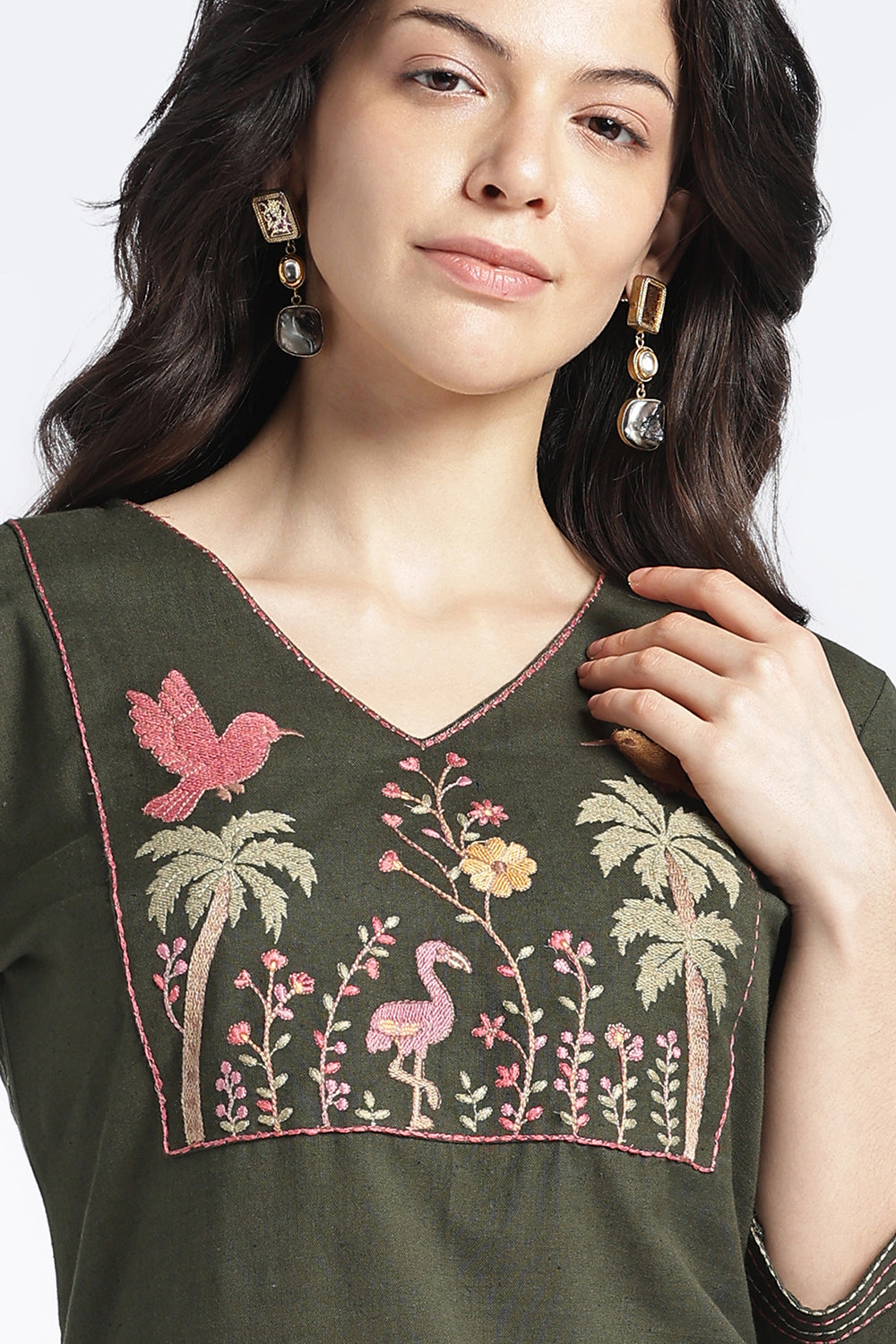 Mythri Women’s Cotton Flax Floral Embroidered Top | V-Neck 3/4 Sleeve Regular Fit Casual Top for Women | Everyday Office & Smart Casual Wear - 1445