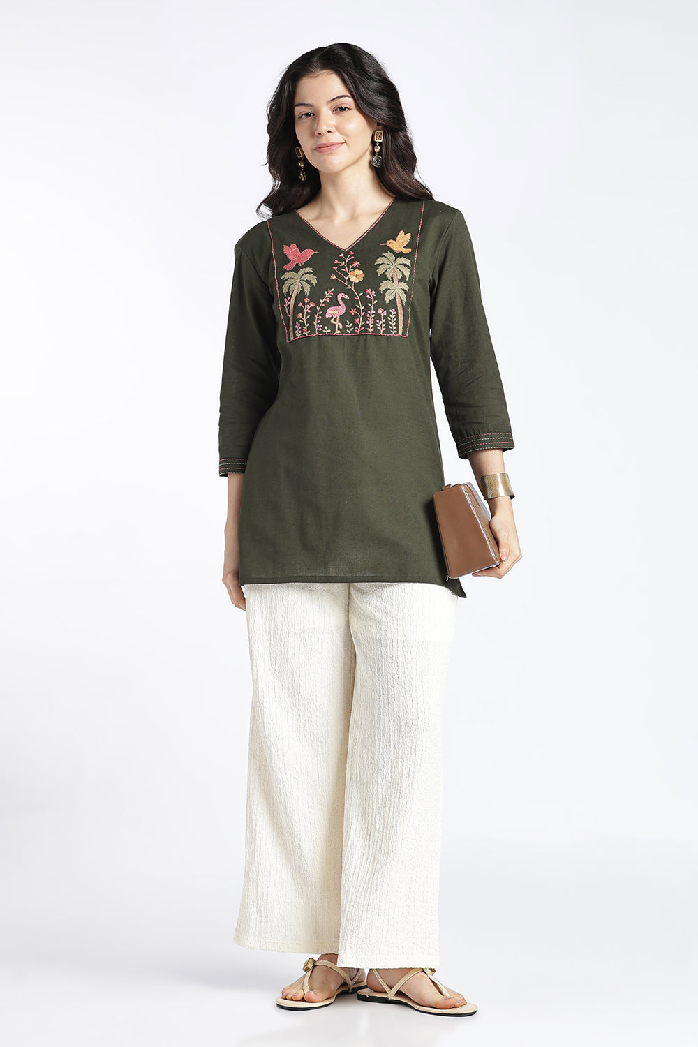 Mythri Women’s Cotton Flax Floral Embroidered Top | V-Neck 3/4 Sleeve Regular Fit Casual Top for Women | Everyday Office & Smart Casual Wear - 1445