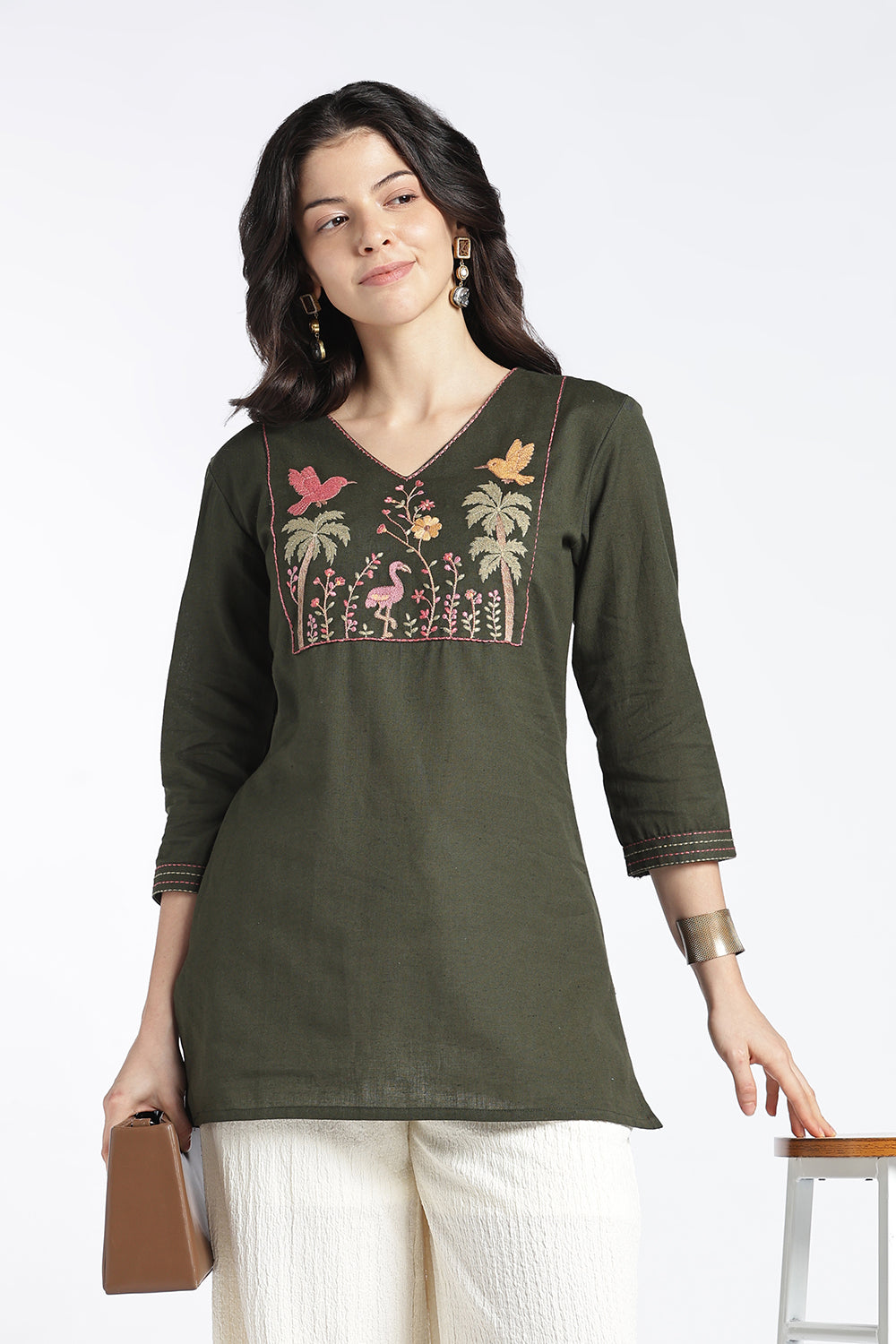 Mythri Women’s Cotton Flax Floral Embroidered Top | V-Neck 3/4 Sleeve Regular Fit Casual Top for Women | Everyday Office & Smart Casual Wear - 1445