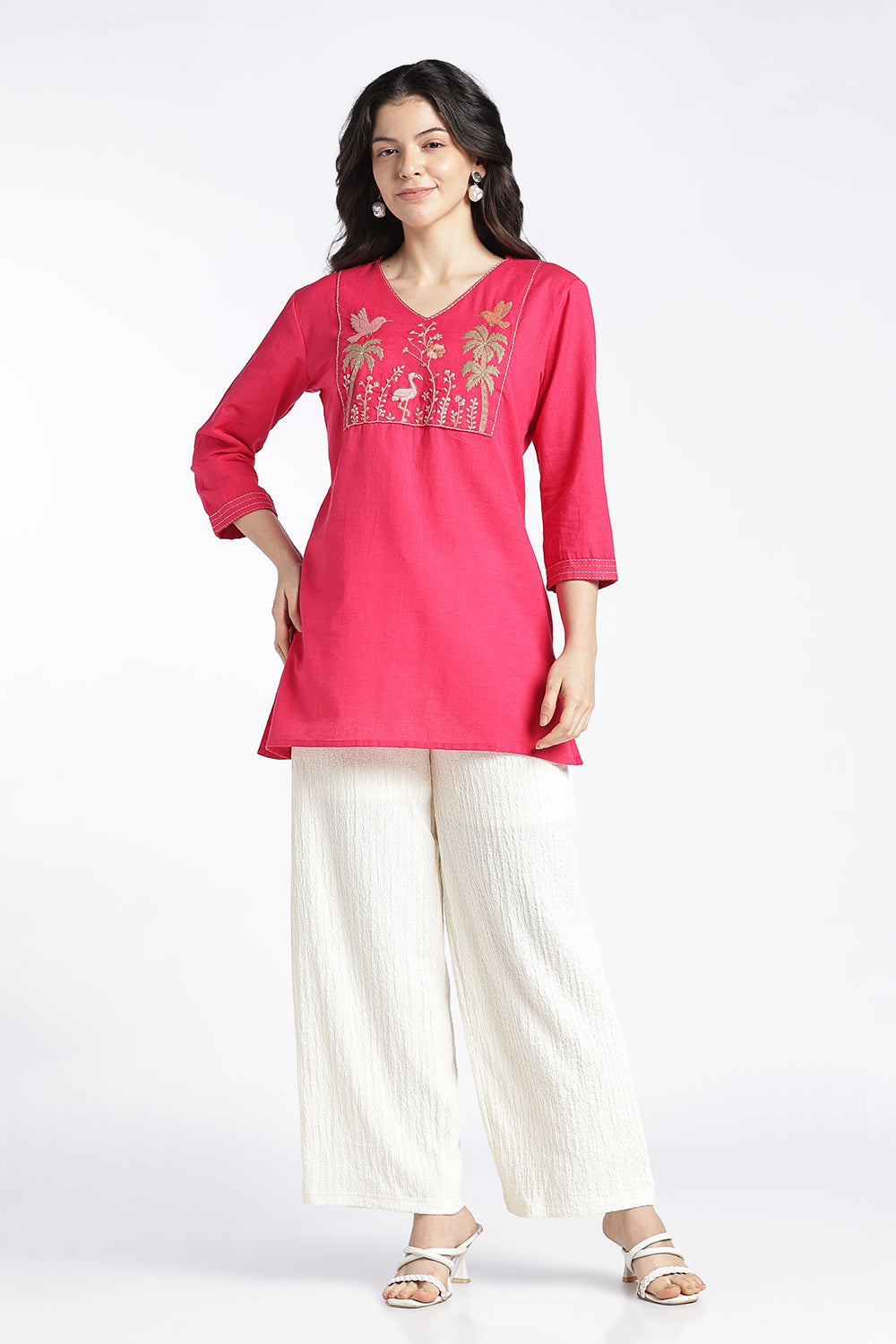 Mythri Women’s Cotton Flax Floral Embroidered Top | V-Neck 3/4 Sleeve Regular Fit Casual Top for Women | Everyday Office & Smart Casual Wear - 1445