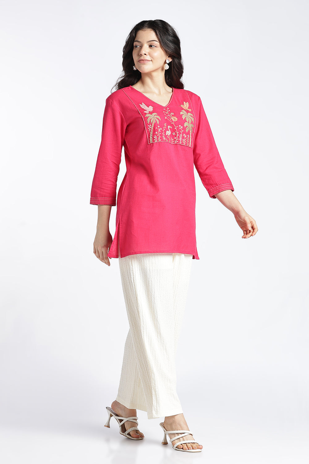 Mythri Women’s Cotton Flax Floral Embroidered Top | V-Neck 3/4 Sleeve Regular Fit Casual Top for Women | Everyday Office & Smart Casual Wear - 1445