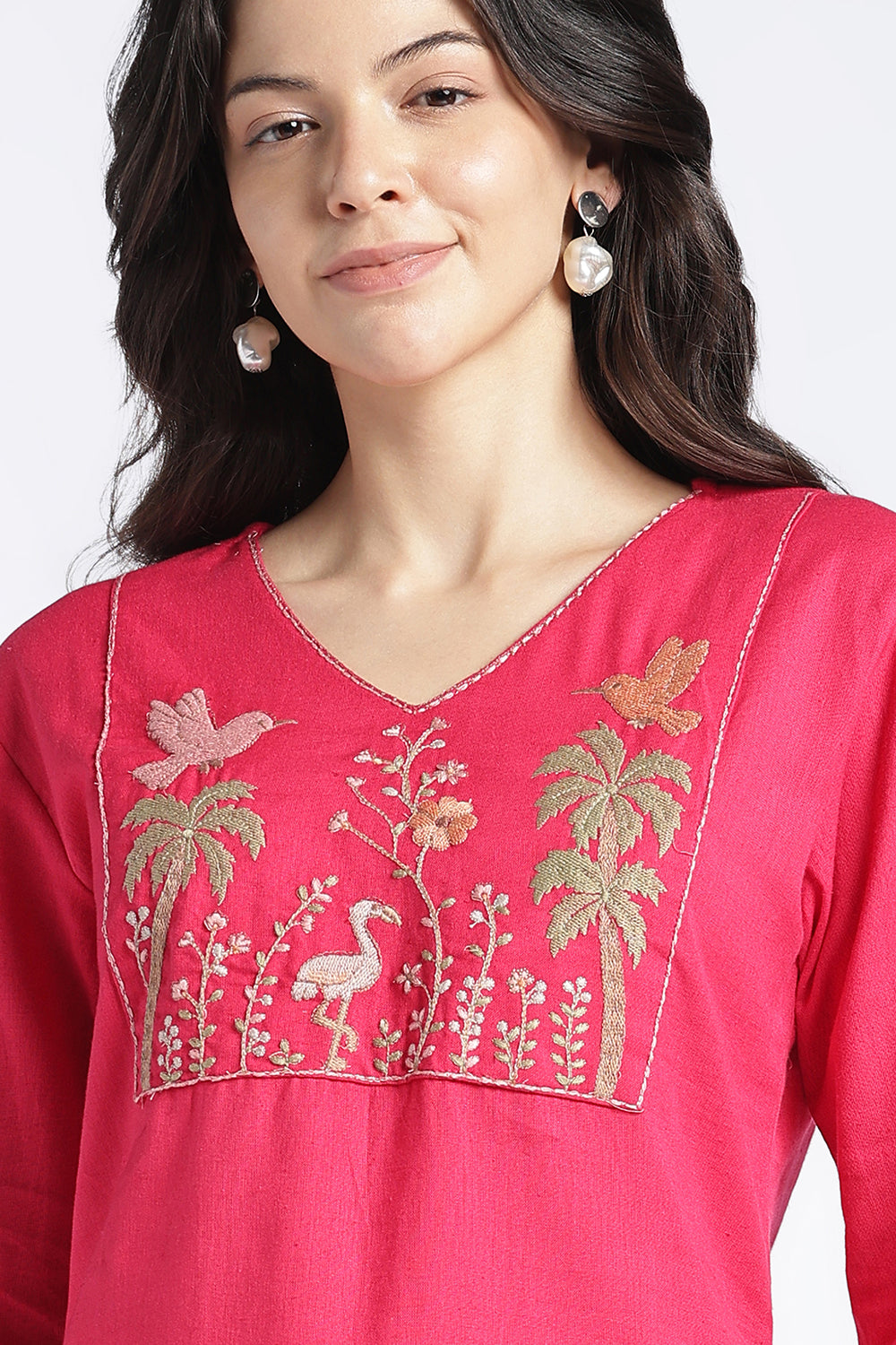Mythri Women’s Cotton Flax Floral Embroidered Top | V-Neck 3/4 Sleeve Regular Fit Casual Top for Women | Everyday Office & Smart Casual Wear - 1445