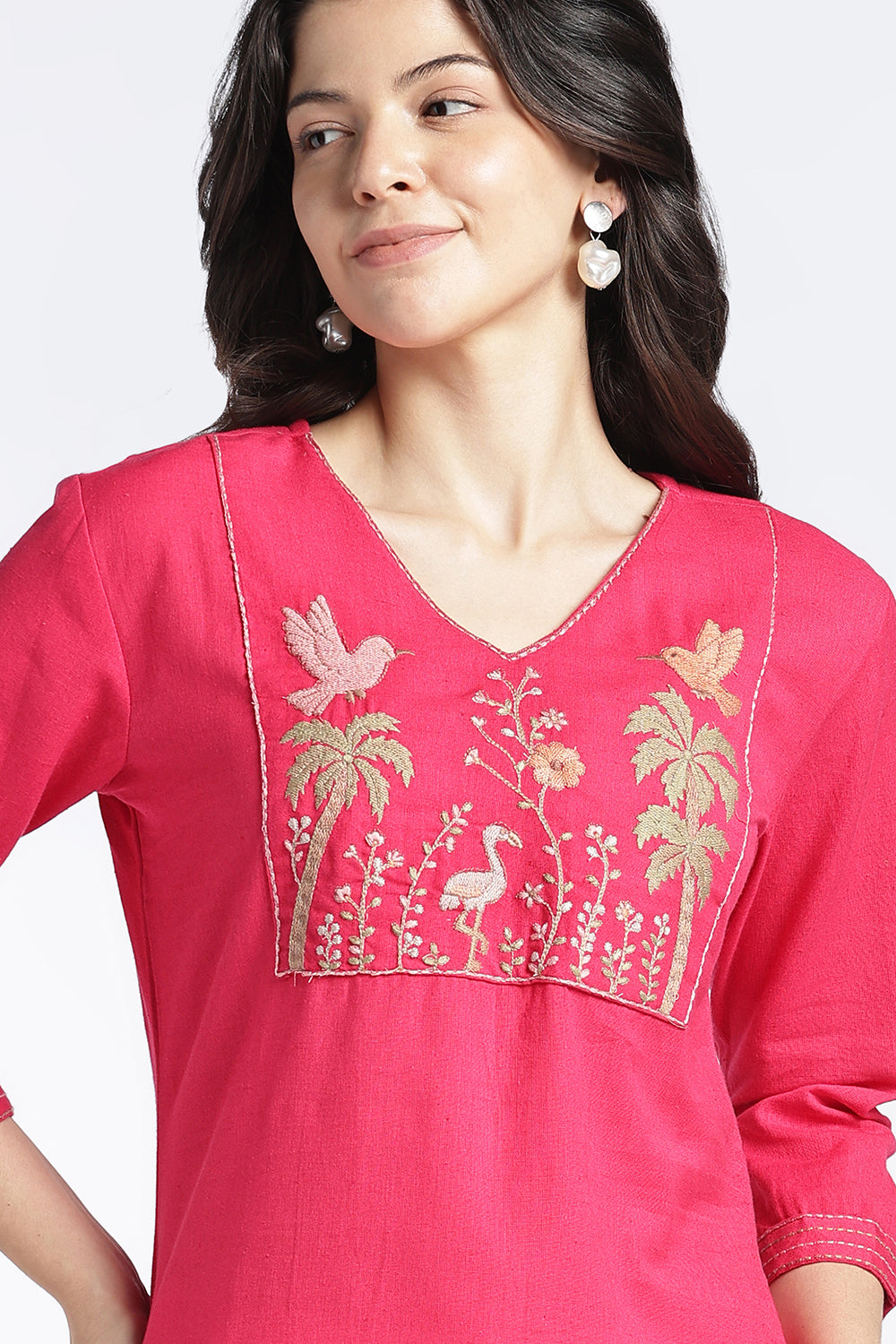 Mythri Women’s Cotton Flax Floral Embroidered Top | V-Neck 3/4 Sleeve Regular Fit Casual Top for Women | Everyday Office & Smart Casual Wear - 1445