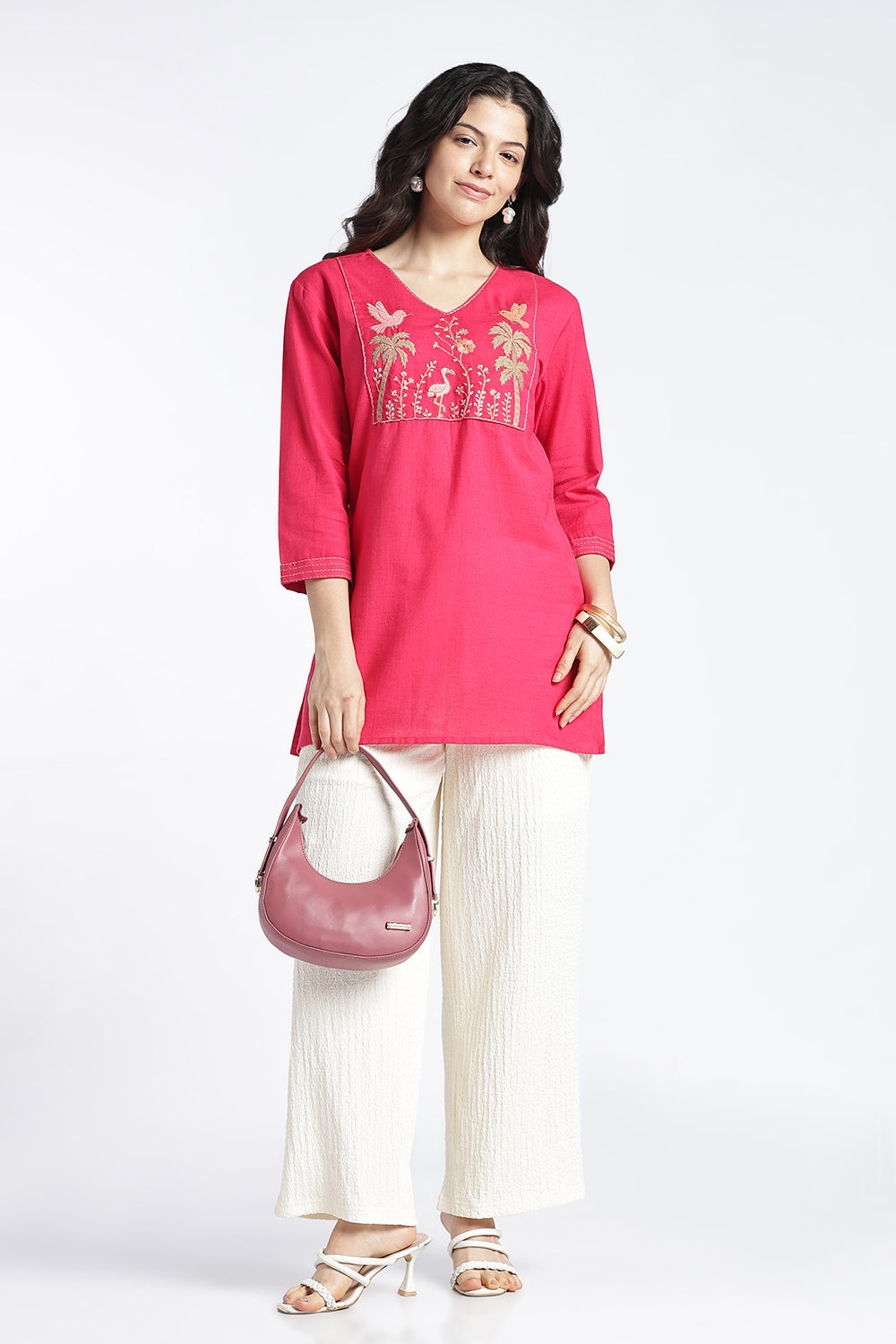 Mythri Women’s Cotton Flax Floral Embroidered Top | V-Neck 3/4 Sleeve Regular Fit Casual Top for Women | Everyday Office & Smart Casual Wear - 1445