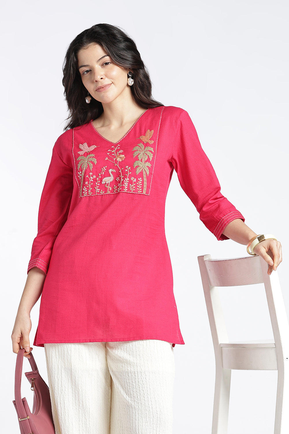 Mythri Women’s Cotton Flax Floral Embroidered Top | V-Neck 3/4 Sleeve Regular Fit Casual Top for Women | Everyday Office & Smart Casual Wear - 1445