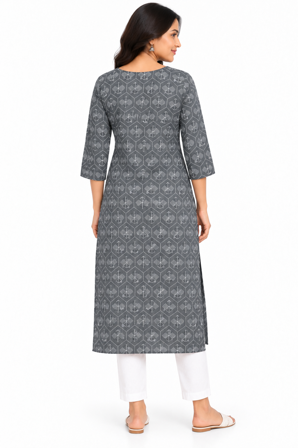 Women's Prints Cotton Blend Kurti with Round Neck, 3/4 Sleeve and Regular Fit - Below Knee | Casual Ethnic Wear Kurti for Daily Wear & Casual Outings - 3471