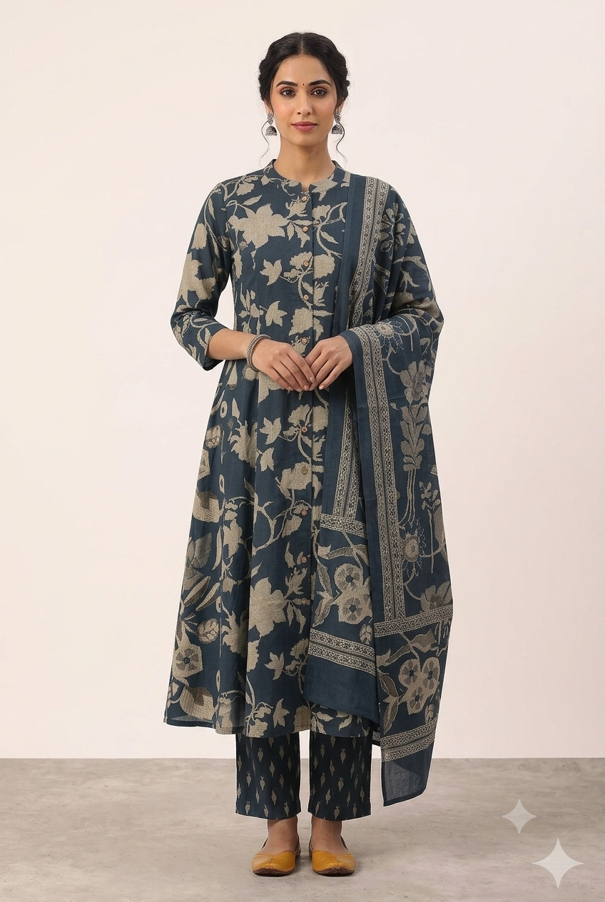 Women's Prints Cotton Blend Chudidar Set with Mandarin Collar and 3/4 Sleeve - Below Knee | Comfortable Ethnic Wear Chudidar Set for Office Wear, Daily Wear, Festive Wear - O161