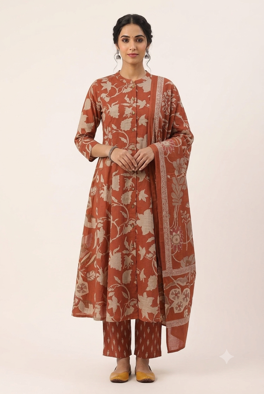 Women's Prints Cotton Blend Chudidar Set with Mandarin Collar and 3/4 Sleeve - Below Knee | Comfortable Ethnic Wear Chudidar Set for Office Wear, Daily Wear, Festive Wear - O162