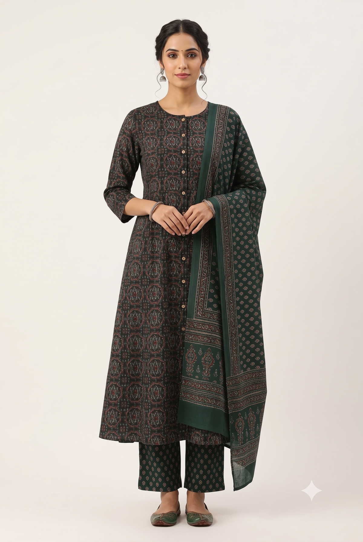 Women's Prints Cotton Blend Chudidar Set with Mandarin Collar and 3/4 Sleeve - Below Knee | Comfortable Ethnic Wear Chudidar Set for Office Wear, Daily Wear, Festive Wear - O164